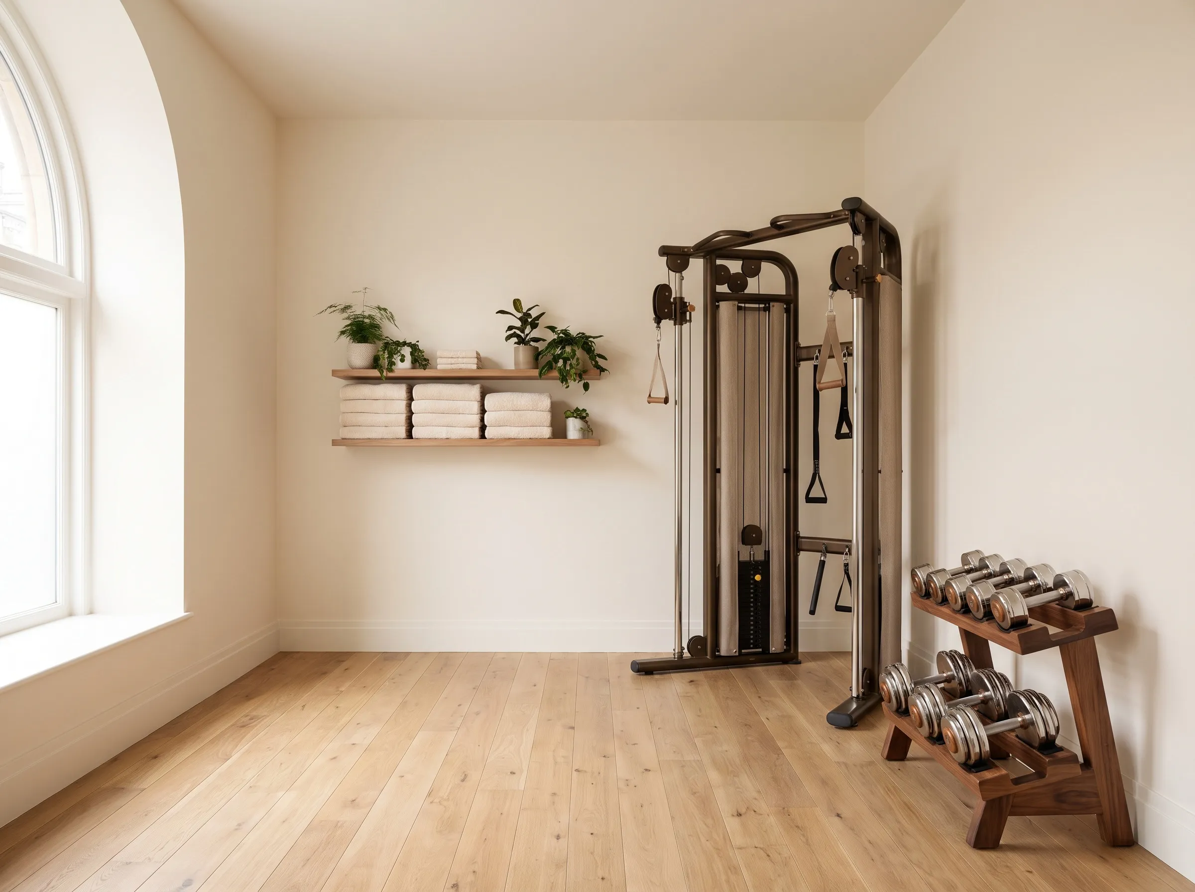 Demo-beeld: rustige trainingszone met dumbbellrek en kabelstation